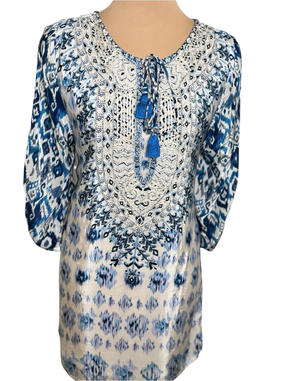 Tolani Embroidered Ikat Tunic Dress Blue White Tassel Boho Size S